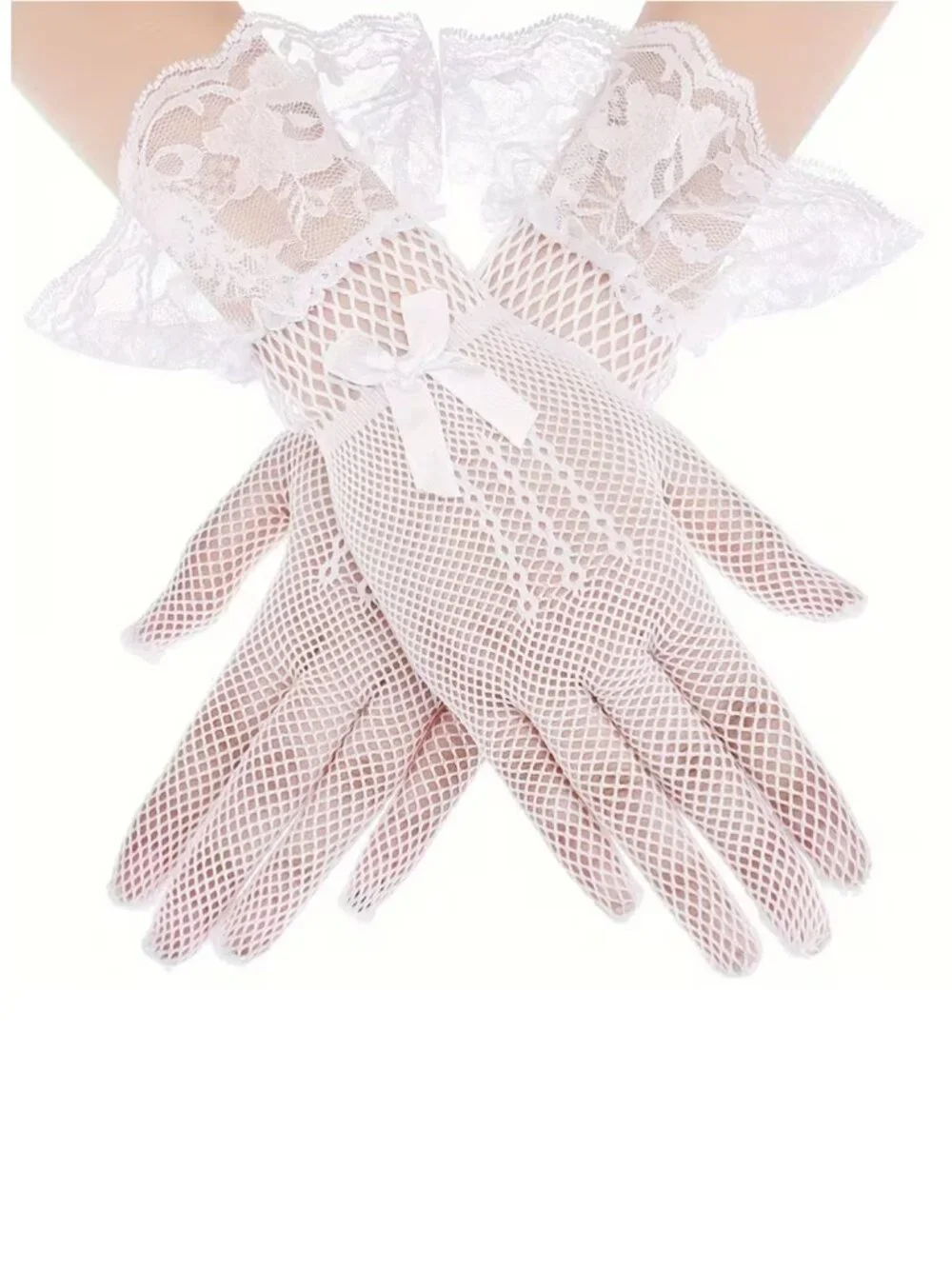 White Fishnet Lace Gloves Trim Satin Bow Wedding Gothic Carnival Role-Playing